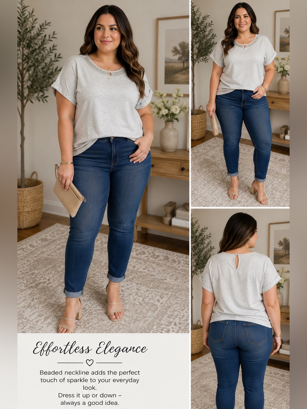 NWT - 100% Cotton Embellished Neckline Tee. Lt Gray